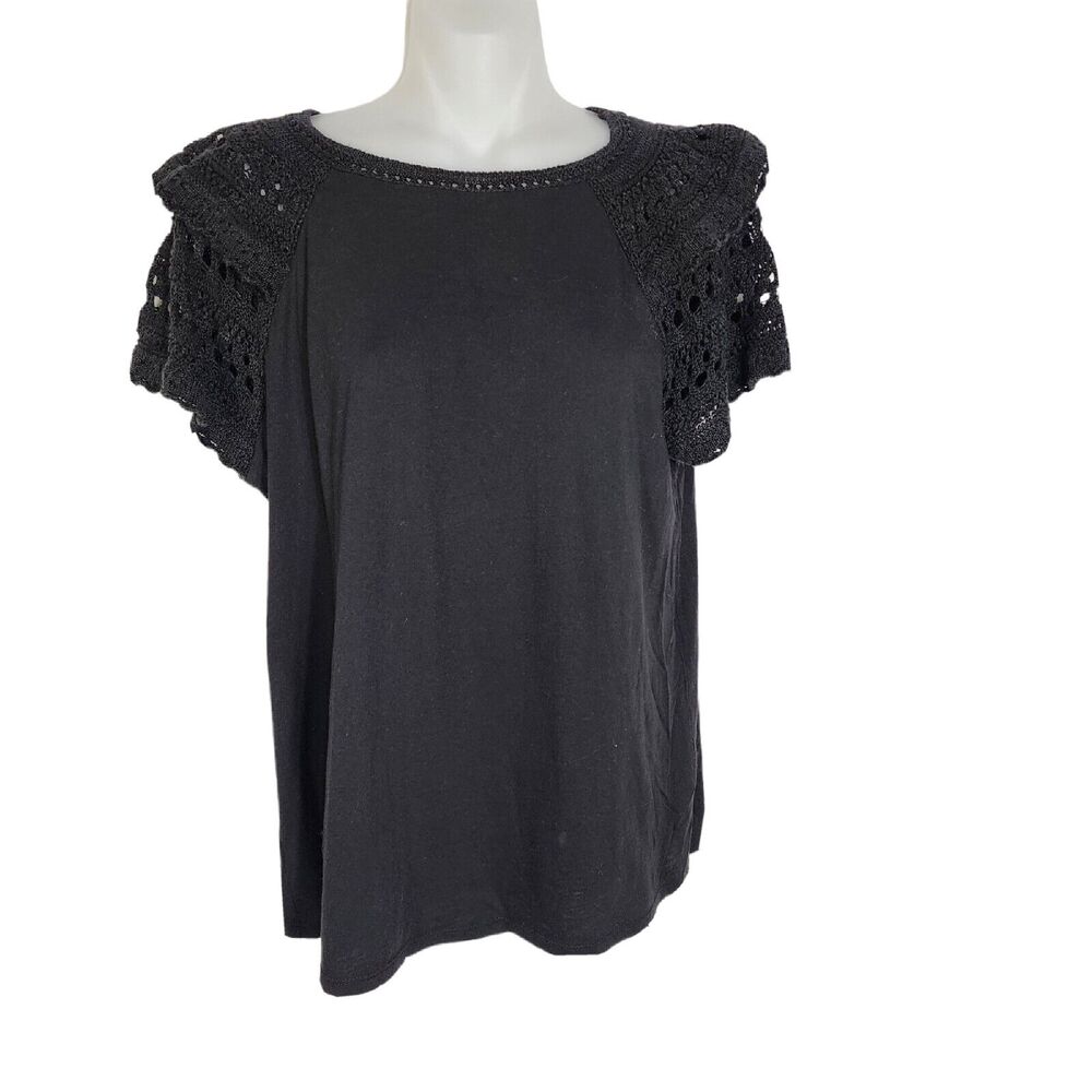 Loft Womens Top Size Medium Black Cotton Modal Double Layered Tiered Lace Sleeve
